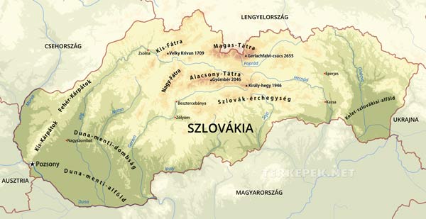 Szlovákia domborzati térképe